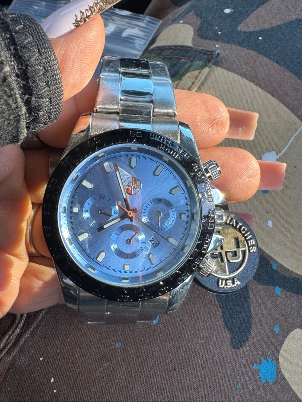 Men’s Silver Stainless Steel Chronograph Watch with Light Blue Dial